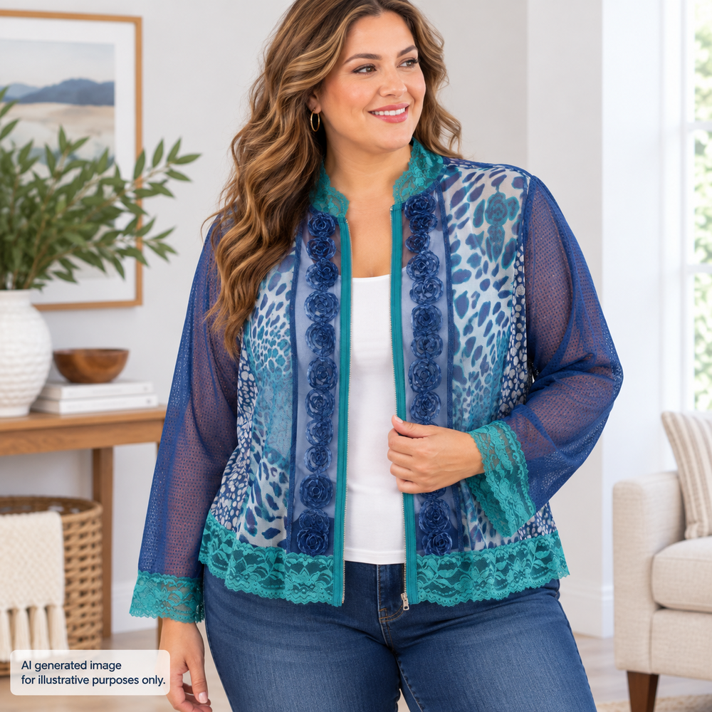 Piano Jacket Womens XL Blue Sheer Lace Zip Floral Pattern Mesh Long Sleeve Top